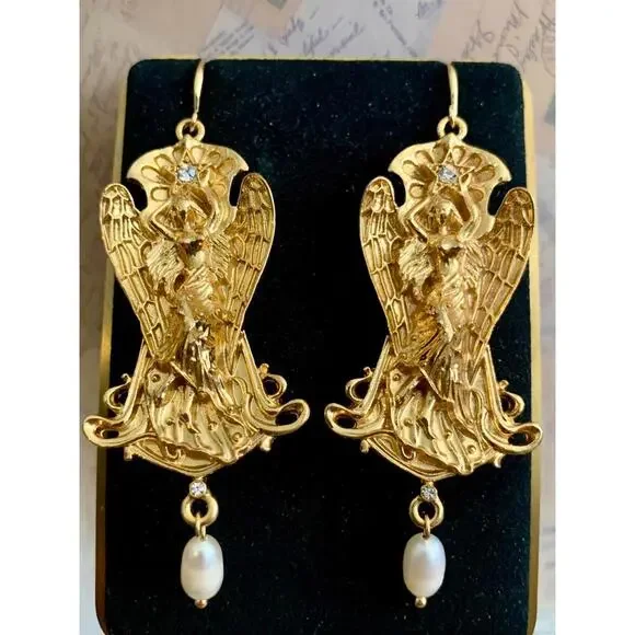 Celestial Angel Goddess Statement Earrings Star Rhinestone Pearl Drop Hooks Boho - Picture 2 of 5